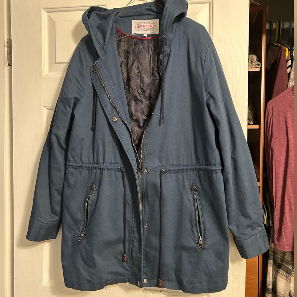 Blue utility Jacket with Hood and quilted interior.